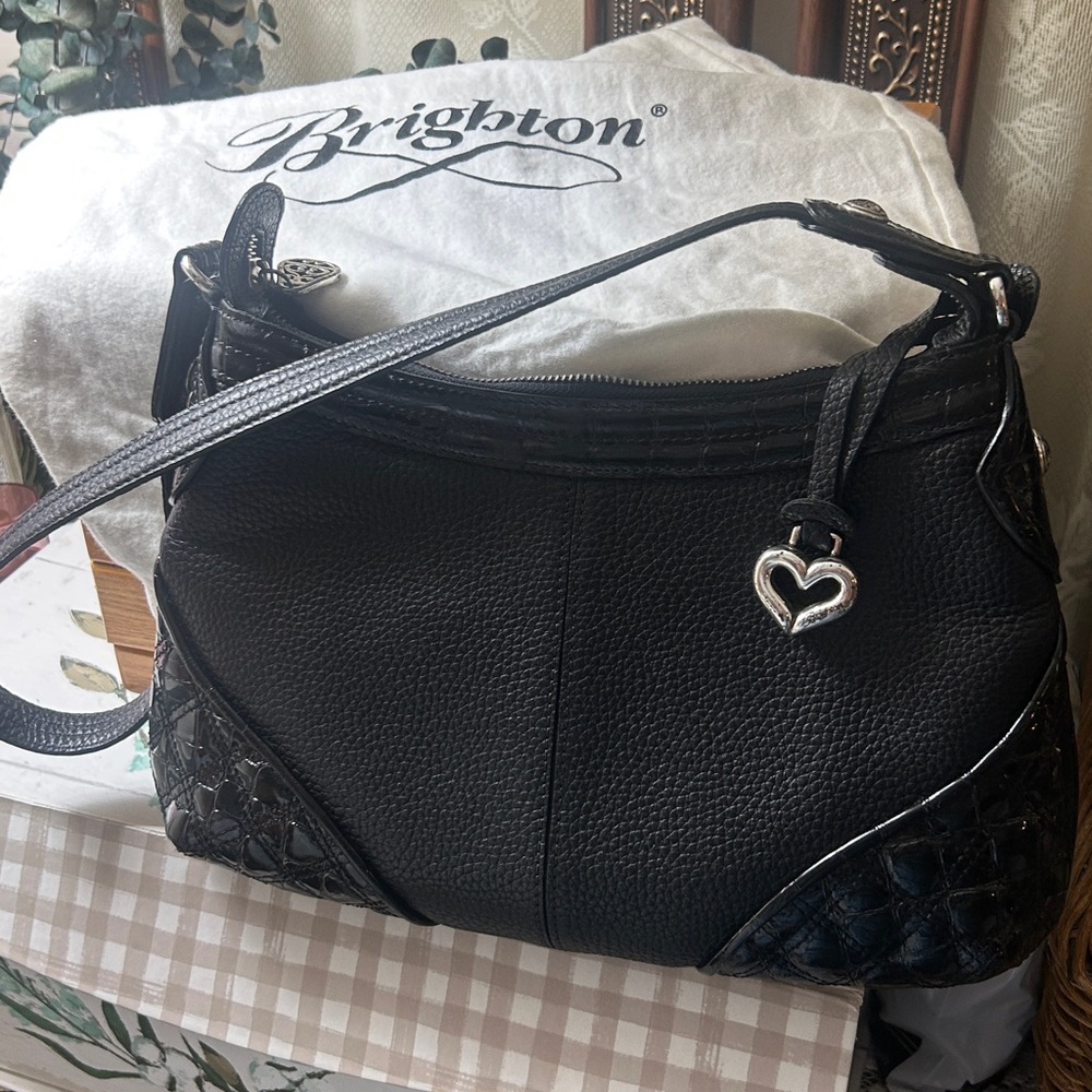 Brighton Black Women's Leather Shoulder Bag with Heart Charm - Picture 6 of 14